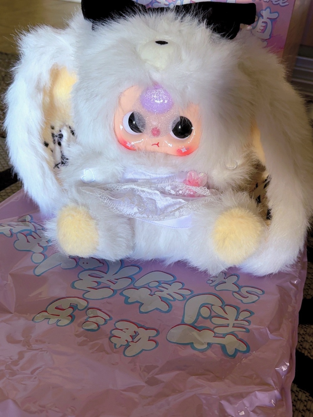 Fluffy White Bunny Plush with Pastel Accents - Cute Character Doll